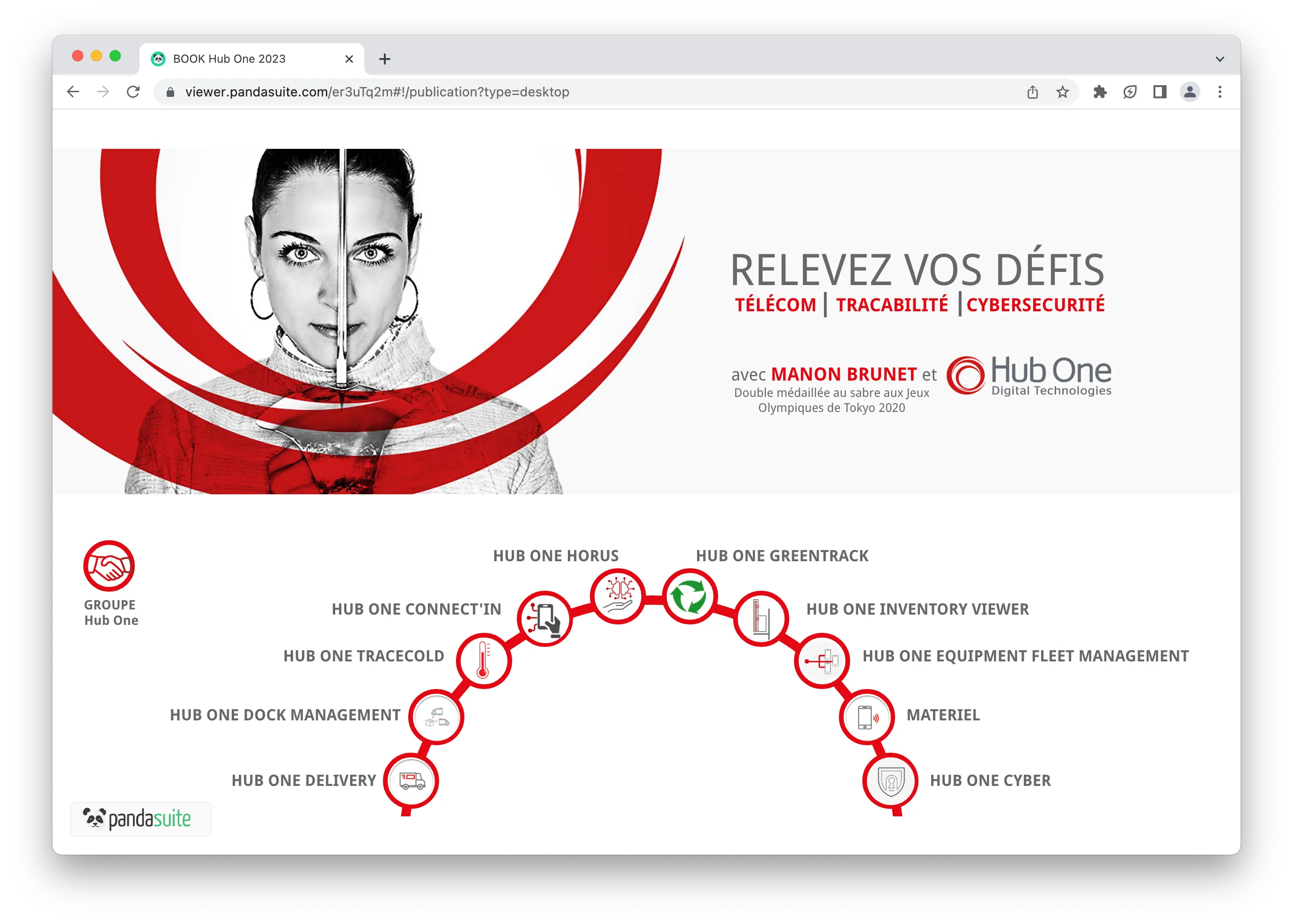La présentation interactive Hub One organise l'ensemble de leur offre produits sous forme de roue navigable, permettant aux commerciaux d'accéder directement à ce qui est pertinent.