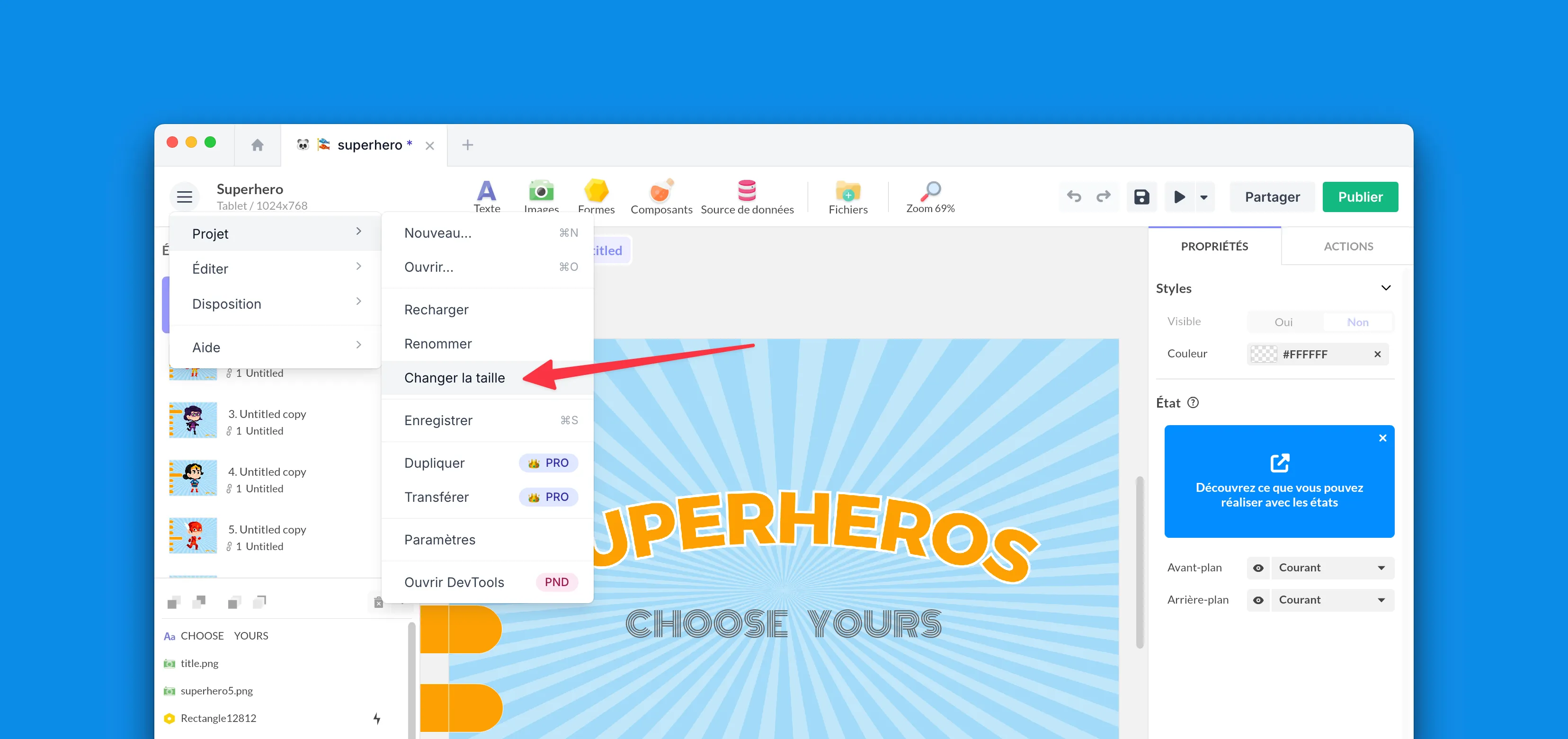 Screenshot of the new Change size of the project