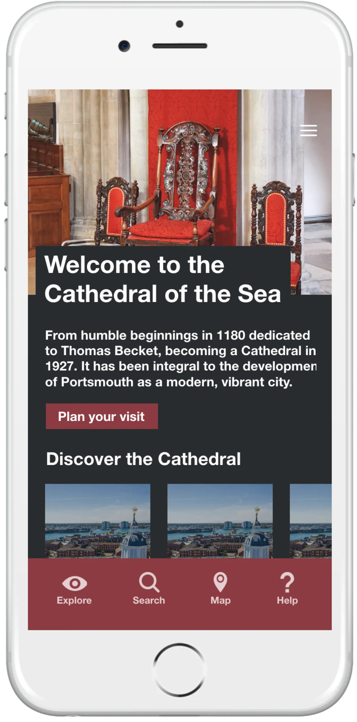 Die App der Kathedrale von Portsmouth auf einem Smartphone