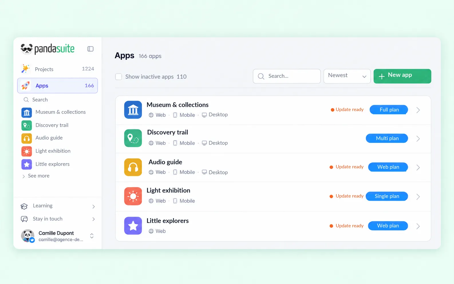 The Apps page: each app with its platforms and plan