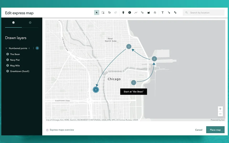 ArcGIS StoryMaps express map editor with numbered points on a map of Chicago