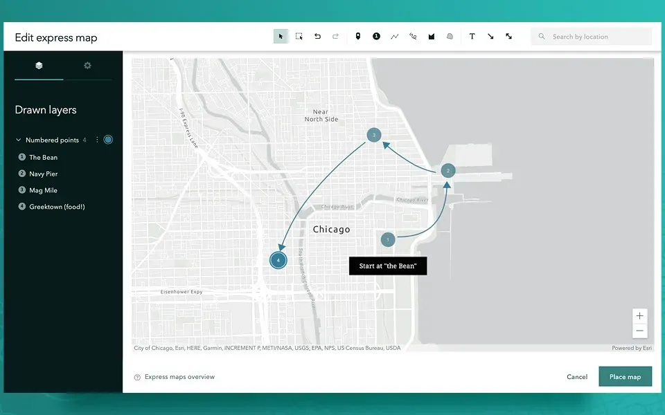 ArcGIS StoryMaps express map editor with numbered points on a map of Chicago