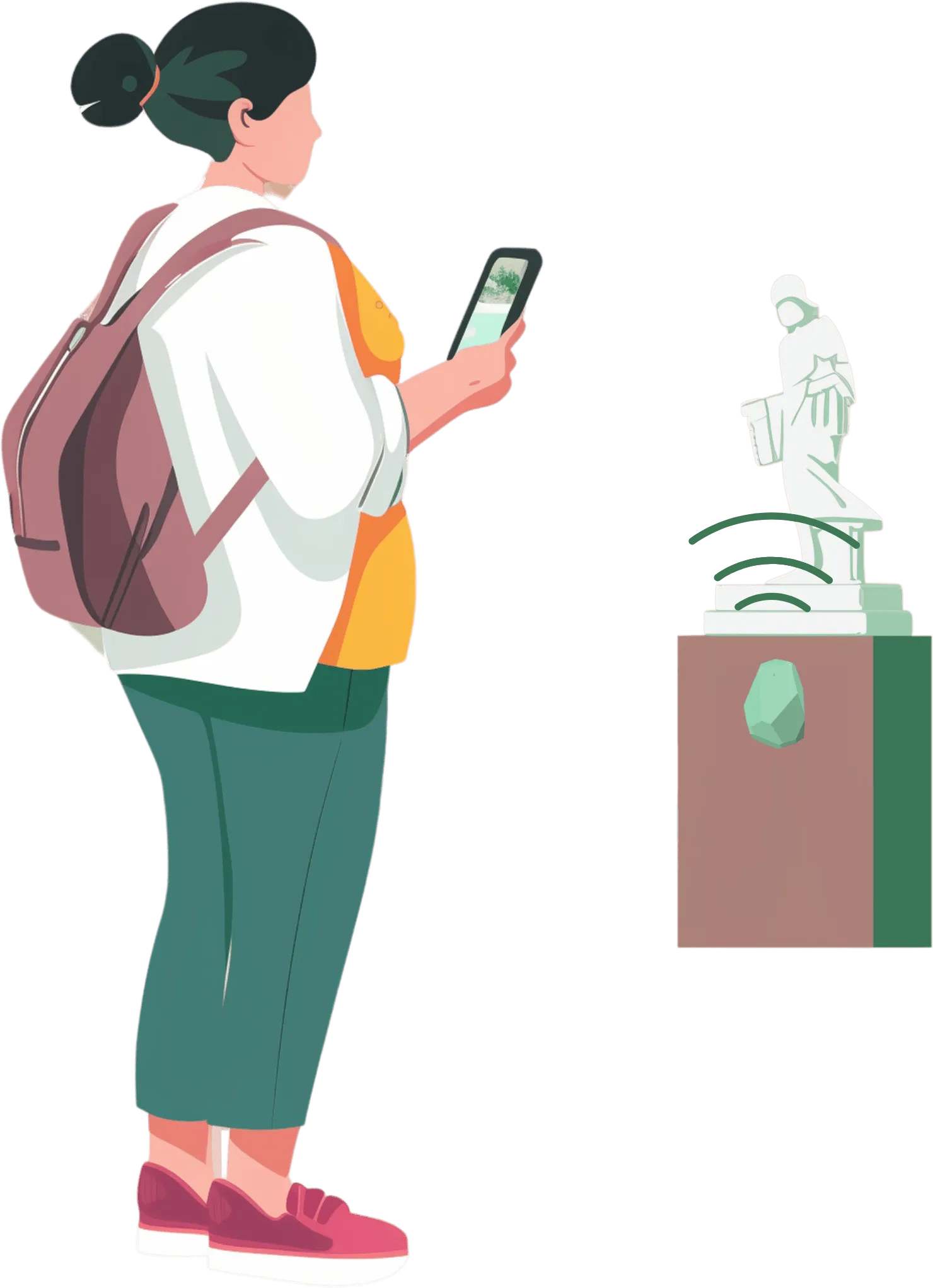 A visitor receives a notification from a beacon sensor in front of a statue