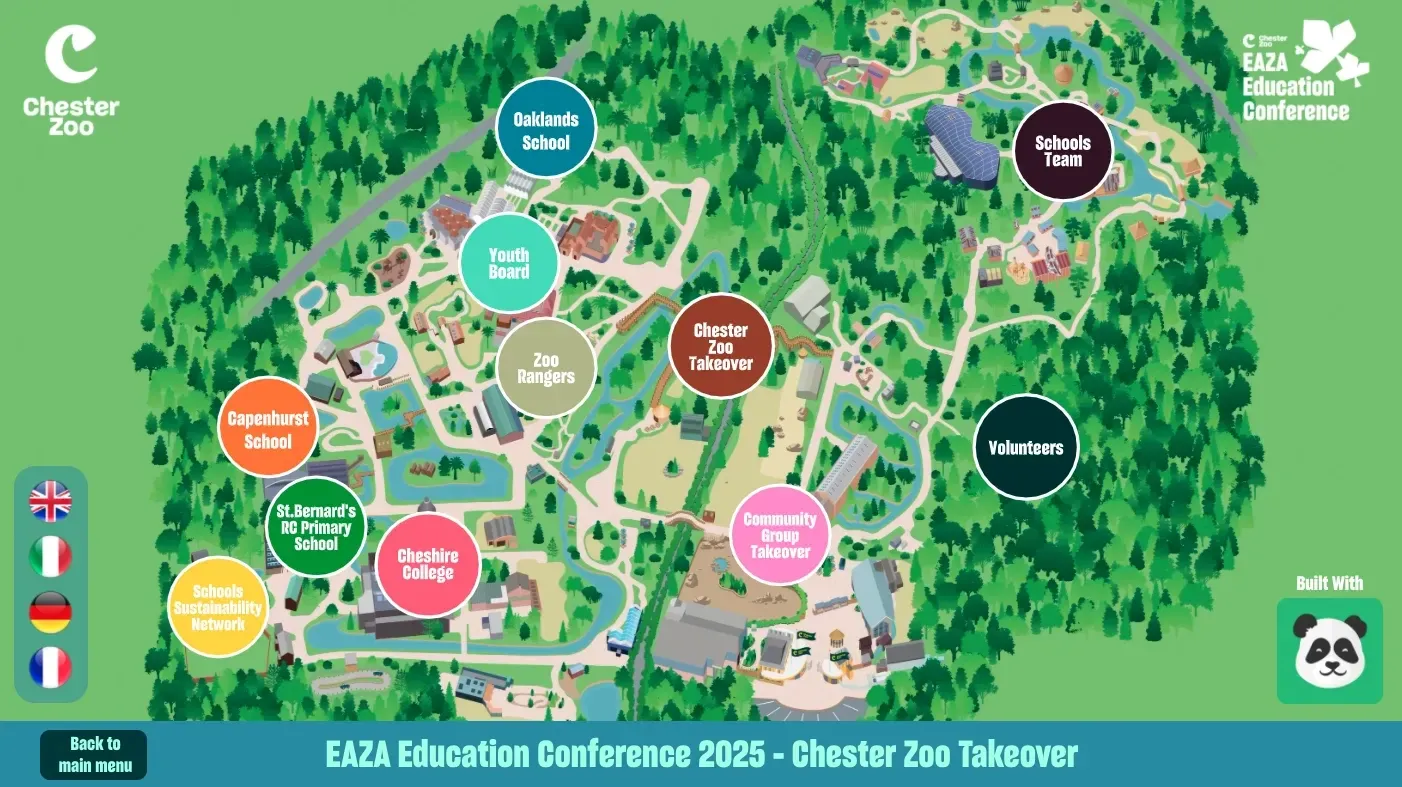 Chester Zoo's interactive map for the EAZA Education Conference, in four languages, built with PandaSuite