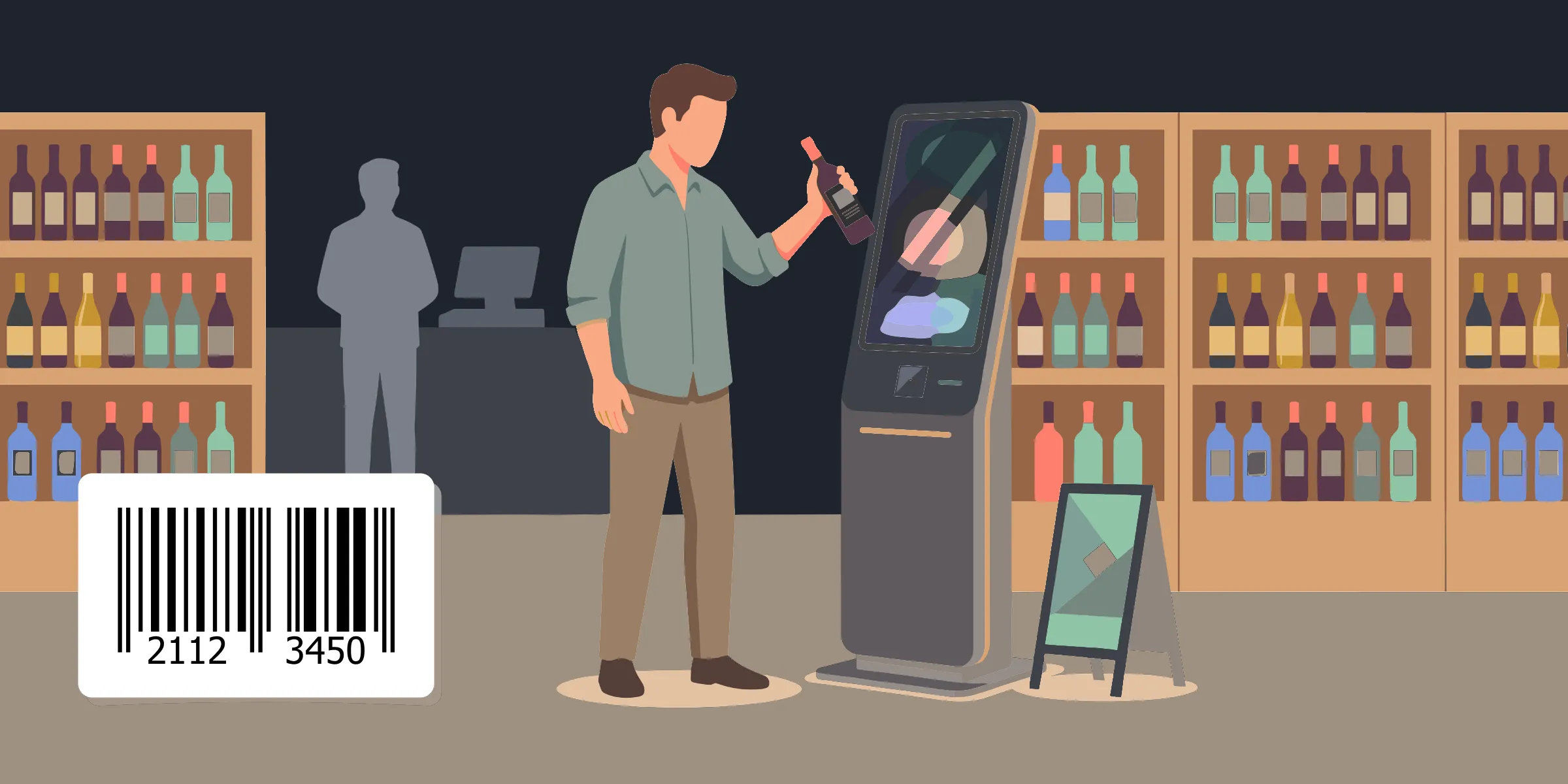 Illustration of a smartphone scanning a product barcode and displaying the matching product page inside a catalog app