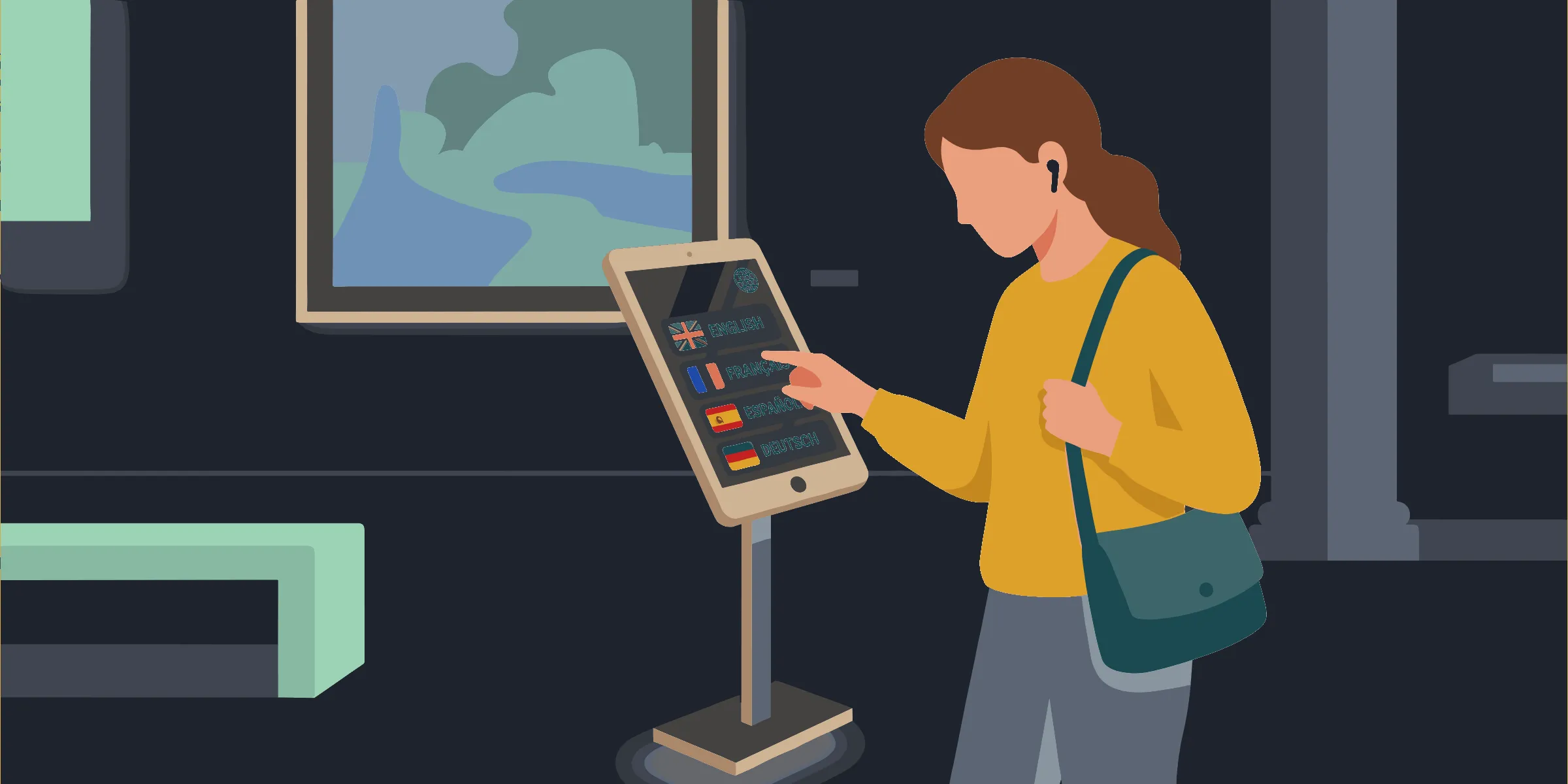 A visitor in a museum interacting with a multilingual kiosk in kiosk mode
