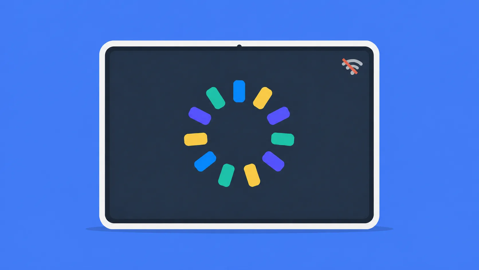 Tablet displaying a loading animation without a Wi-Fi connection