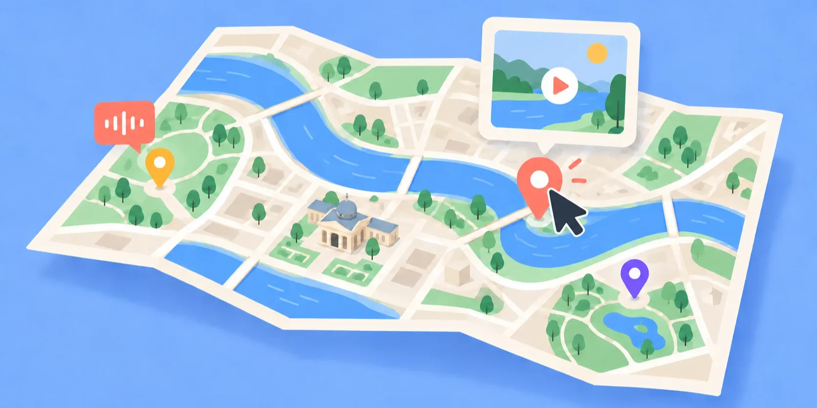 Illustration d'une carte interactive : un point touché ouvre une vidéo, un autre un contenu audio.