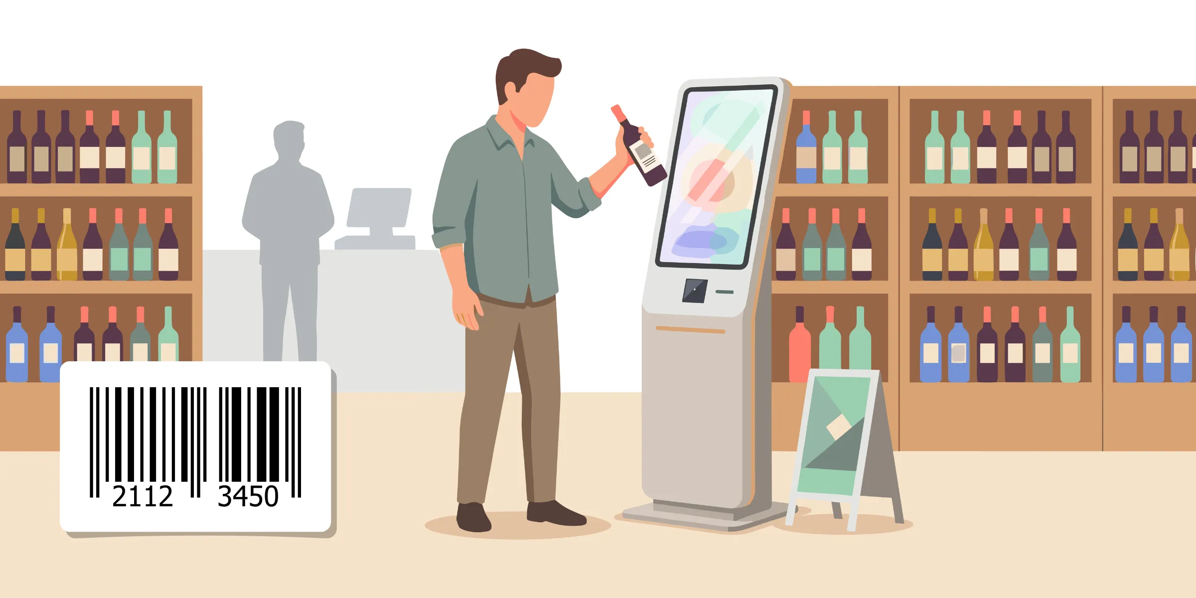 Illustration of a smartphone scanning a product barcode and displaying the matching product page inside a catalog app