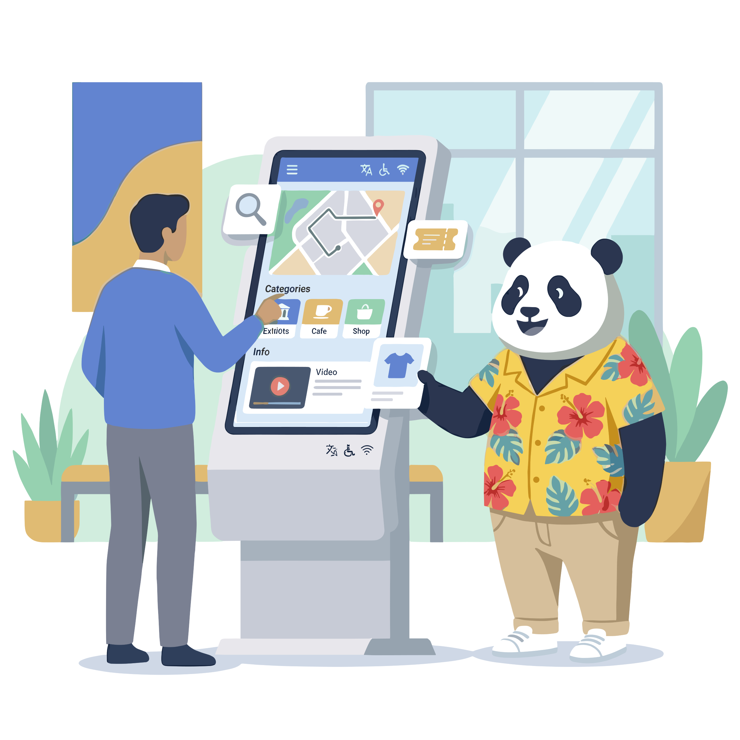 Interface de borne interactive avec un utilisateur naviguant dans les produits