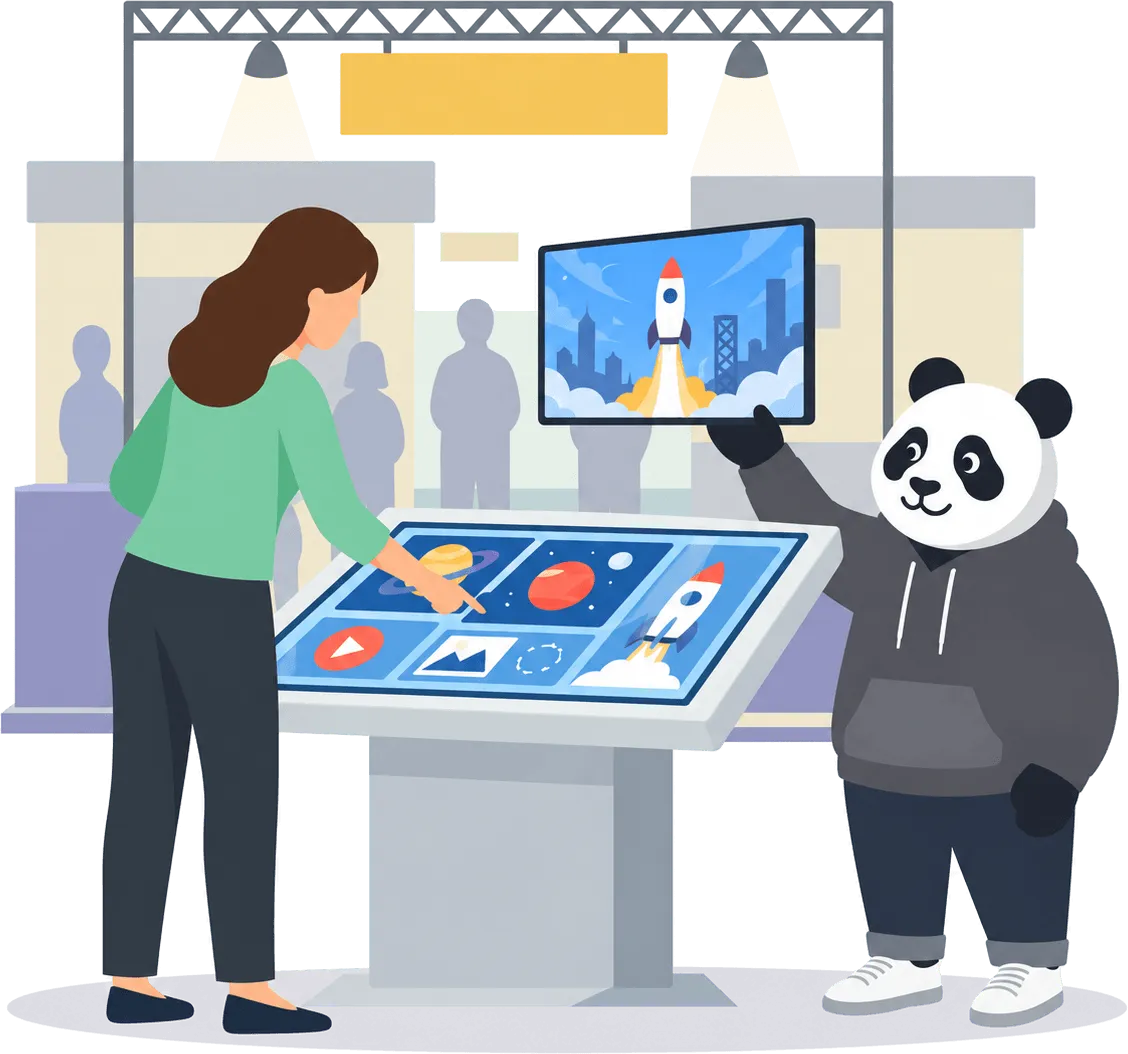 Una visitatrice esplora contenuti su un chiosco touch in uno stand fieristico, accanto a un panda che indica uno schermo a parete