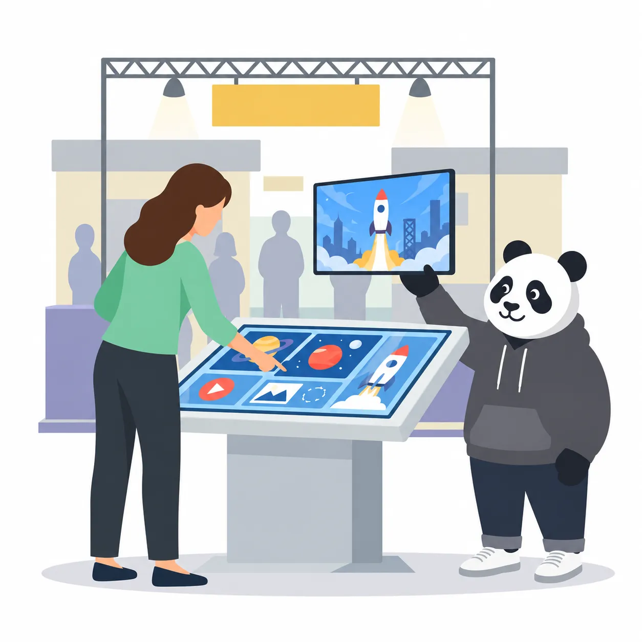 Une visiteuse explore un contenu sur une borne tactile dans un stand de salon, à côté d'un panda qui montre un écran mural