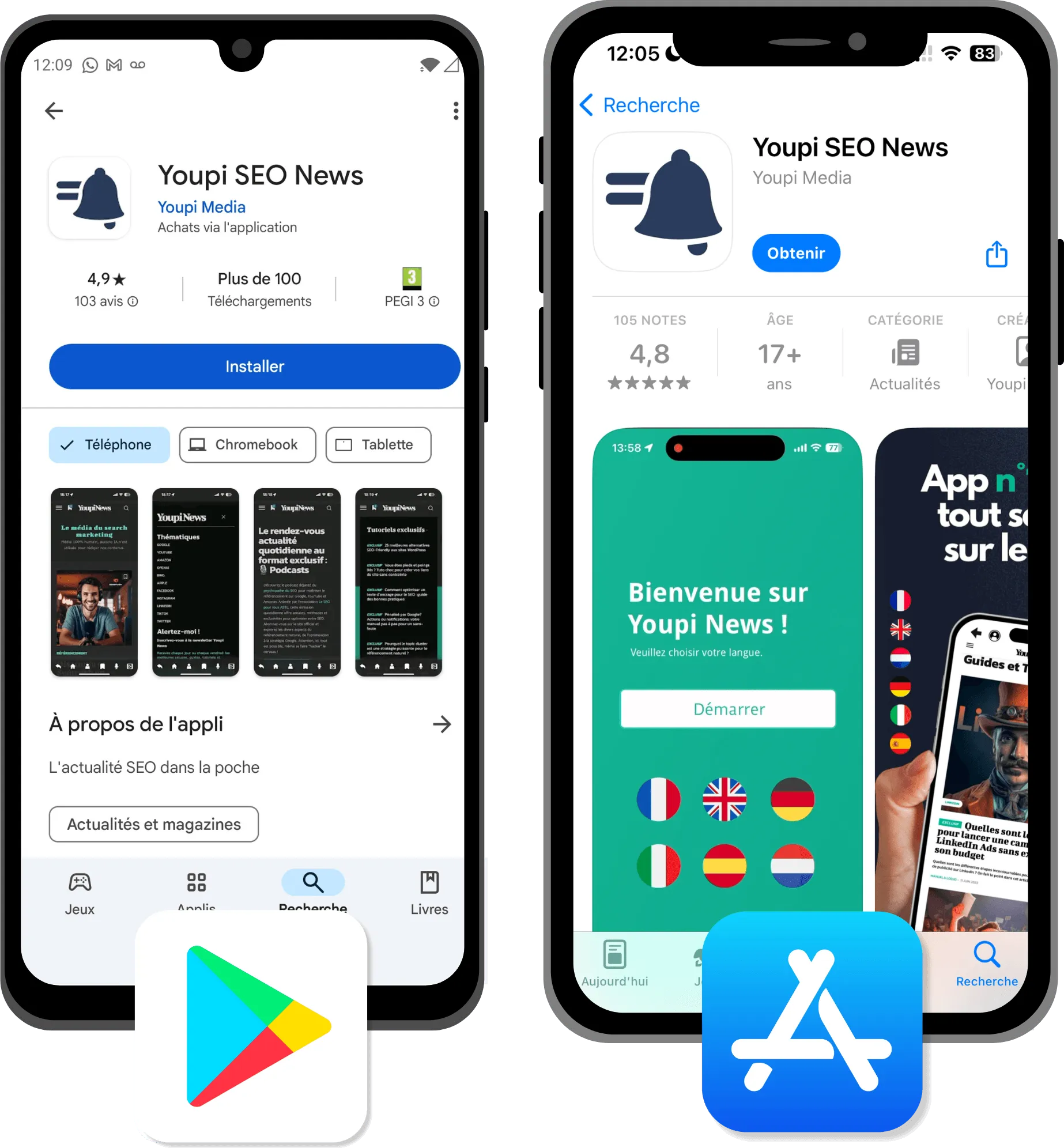 Image of the app in the iOS App Store and Google Play