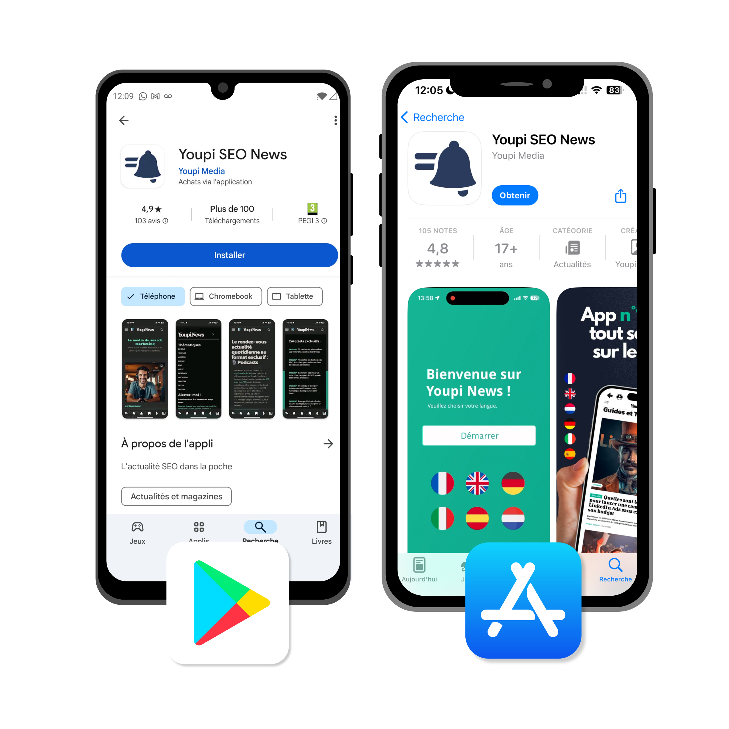 Image of the app in the iOS App Store and Google Play