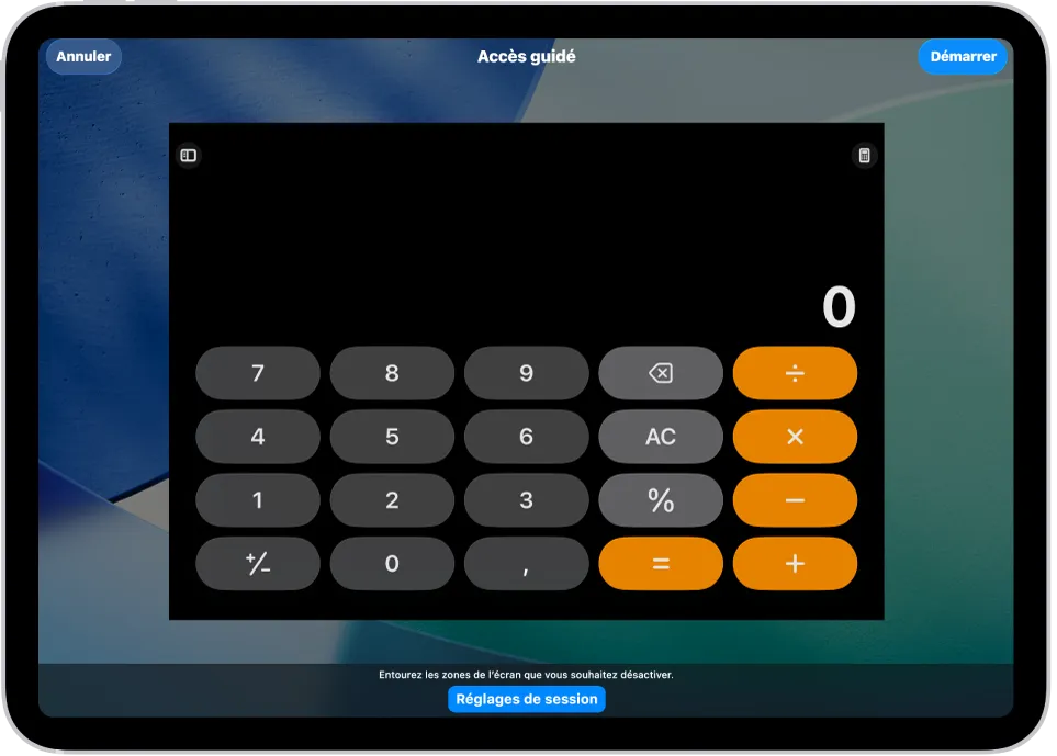 iPadOS Guided Access screen showing an app locked in kiosk mode