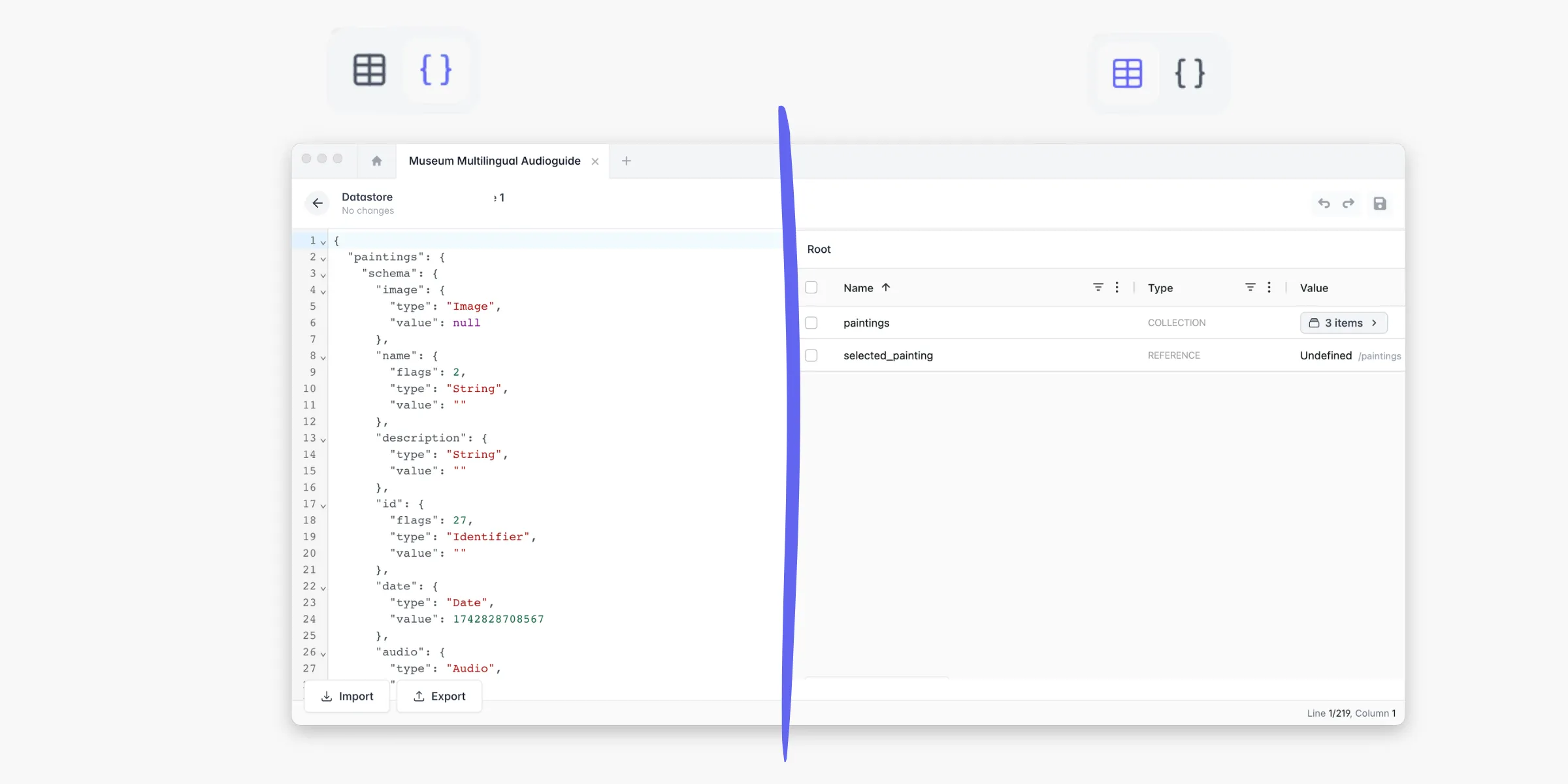 Vue tableur et vue JSON