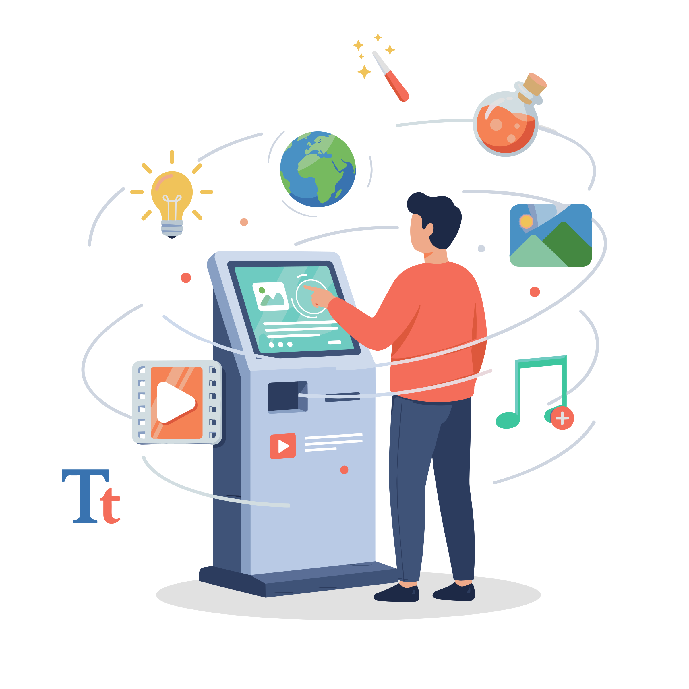 Différents matériels de bornes : tablette sur pied, totem, table multitouch, écran géant