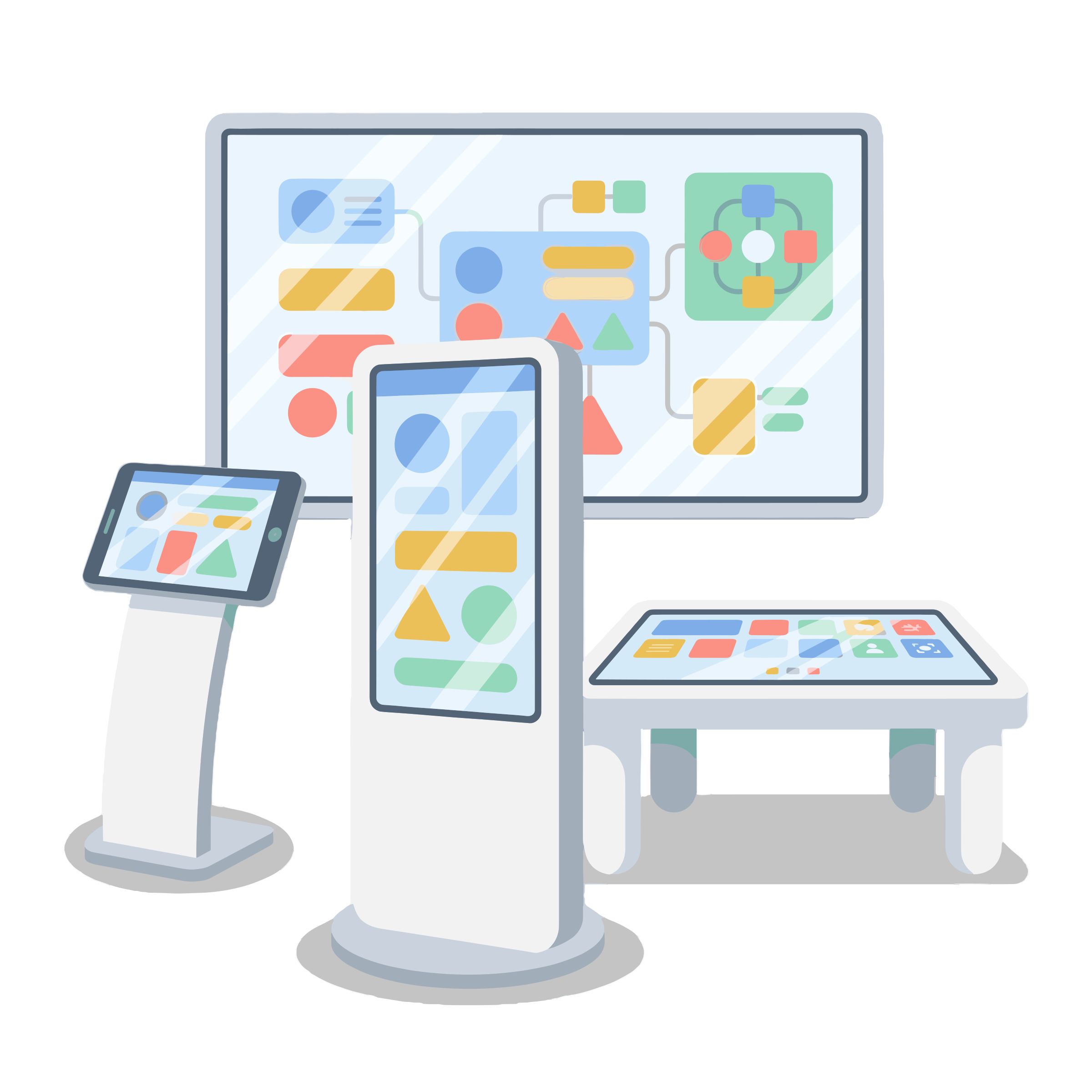 Différents matériels de bornes : tablette sur pied, totem, table multitouch, écran géant