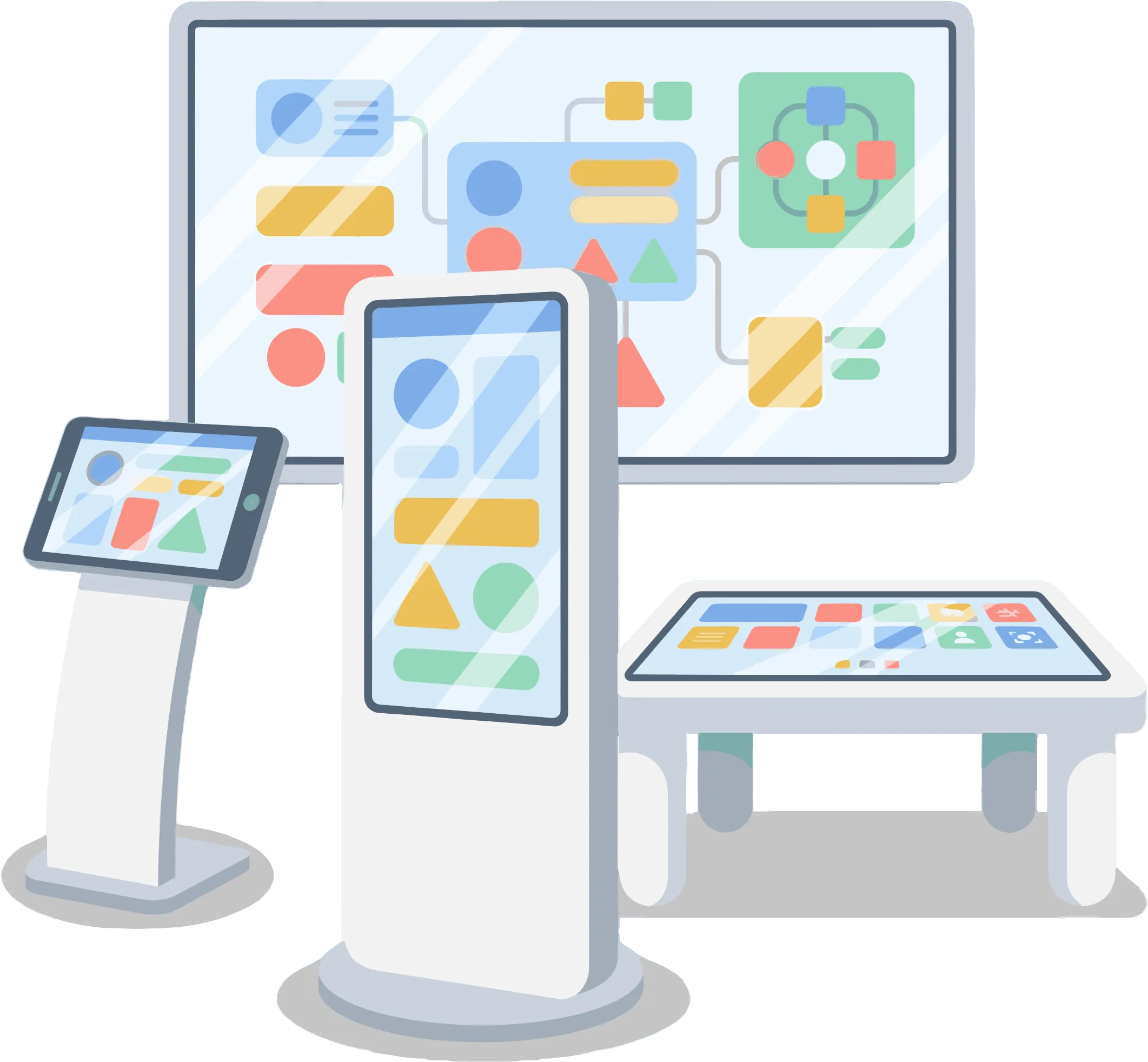 Vari tipi di hardware per chioschi: supporto tablet, totem, tavolo multitouch, schermo gigante