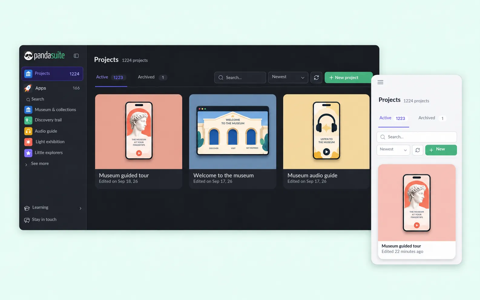 The dashboard in dark mode on desktop and in light mode on a phone