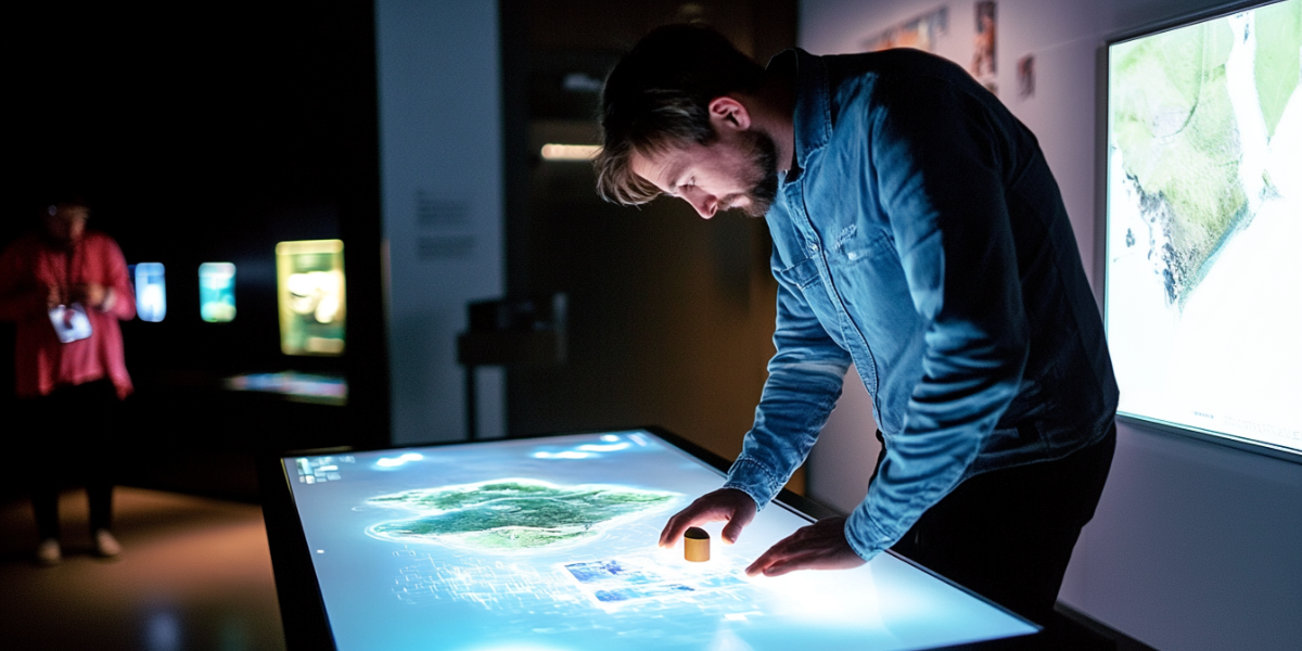 Illustration of a man interacting with an object and a touch table.