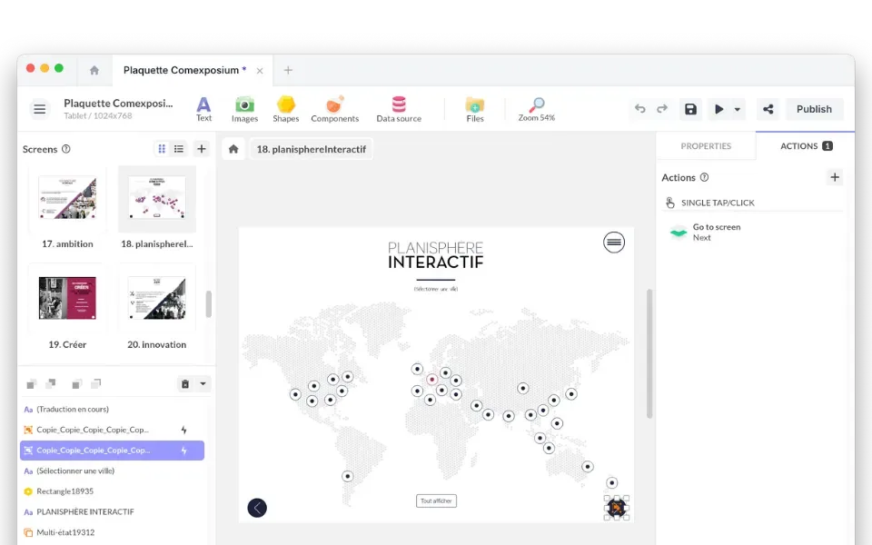 PandaSuite Studio with the screens list, an interactive world map on the canvas, and the Actions panel