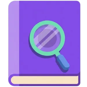 Icon of a book with a magnifying glass on it