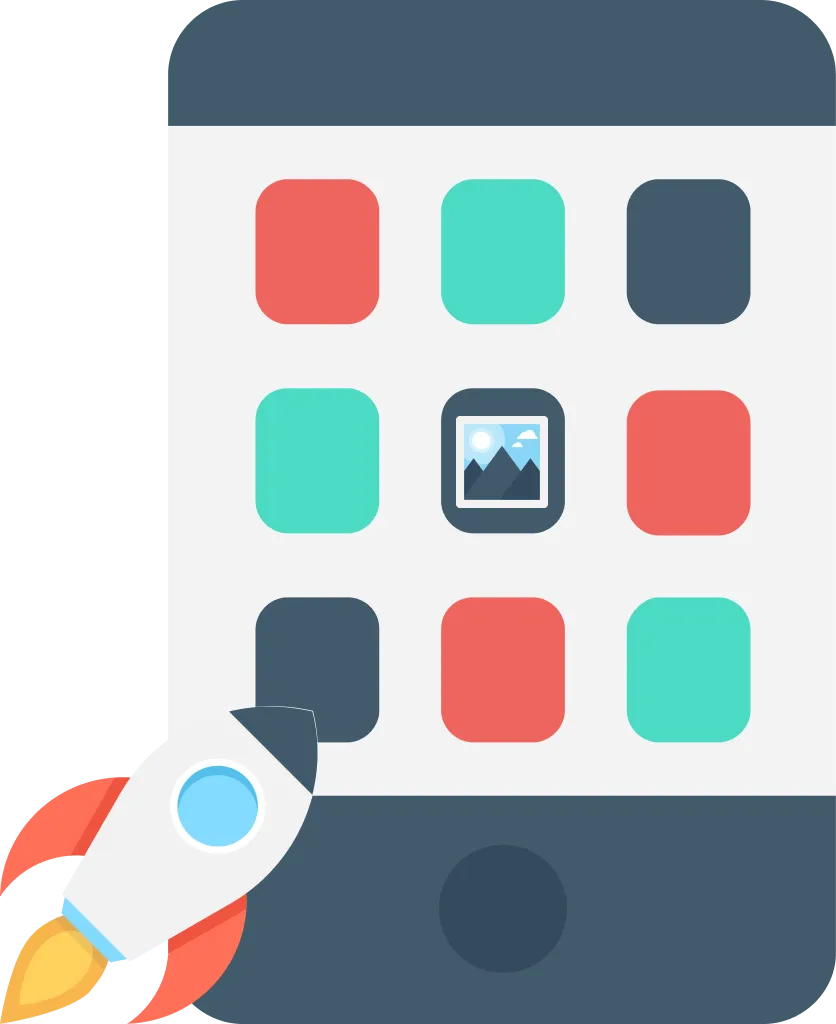 Illustration of a rocket and a mobile displaying the app store