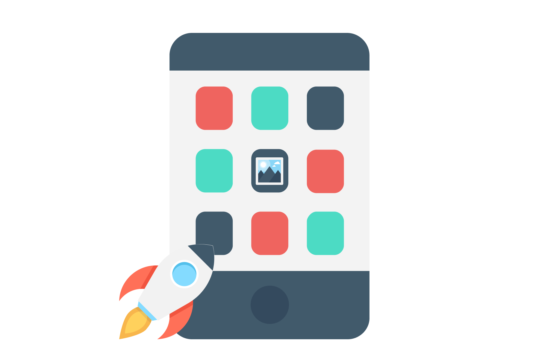 Illustration of a rocket and a mobile displaying the app store