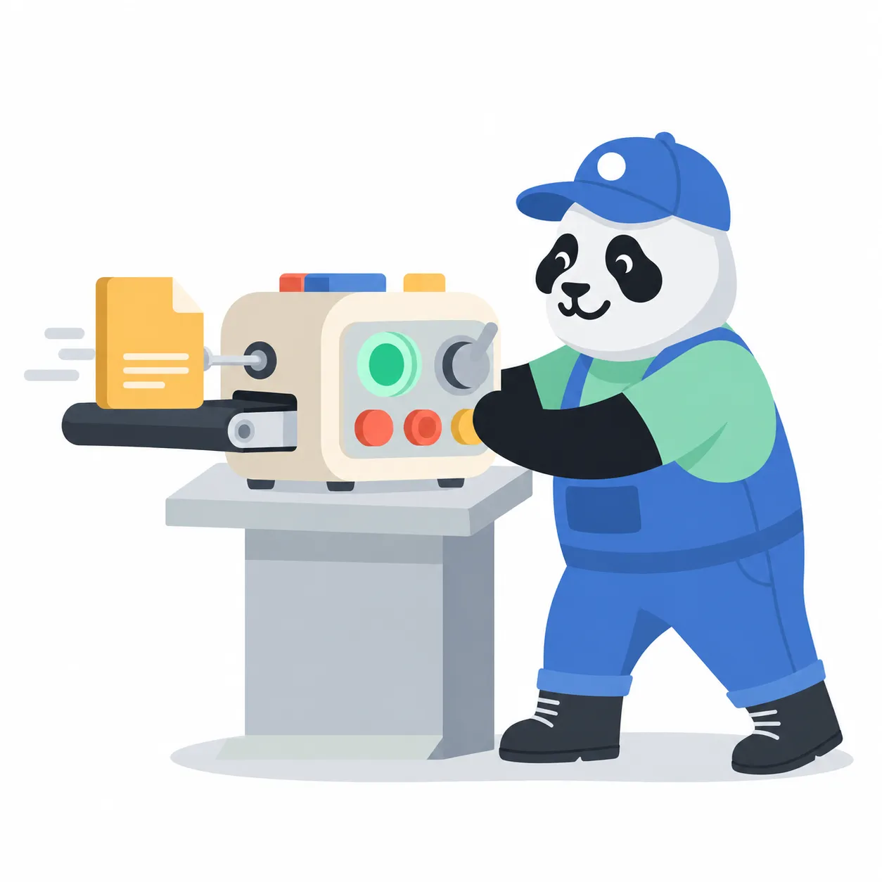 Illustration d'un panda actionnant une machine qui exporte un fichier de projet