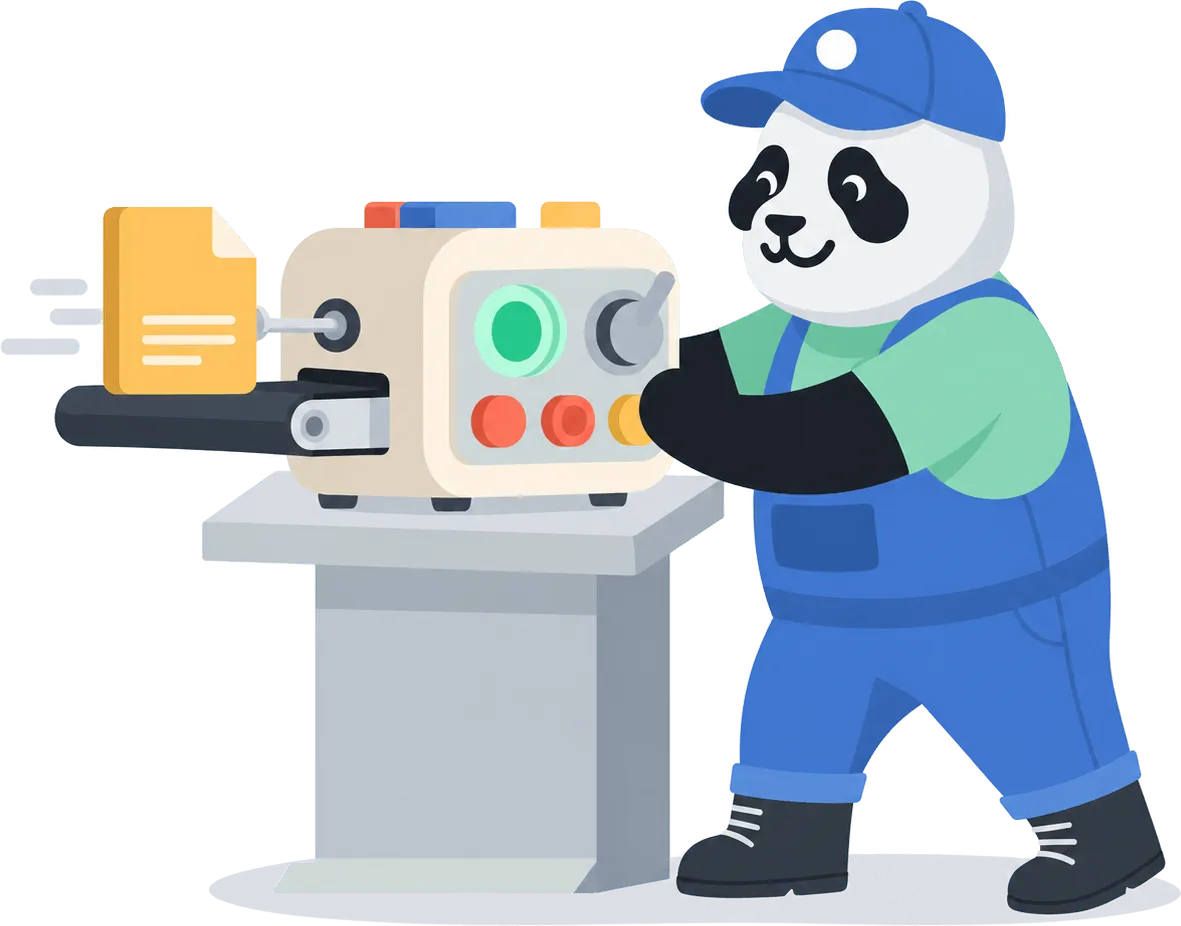 Illustrazione di un panda che aziona una macchina che esporta un file di progetto