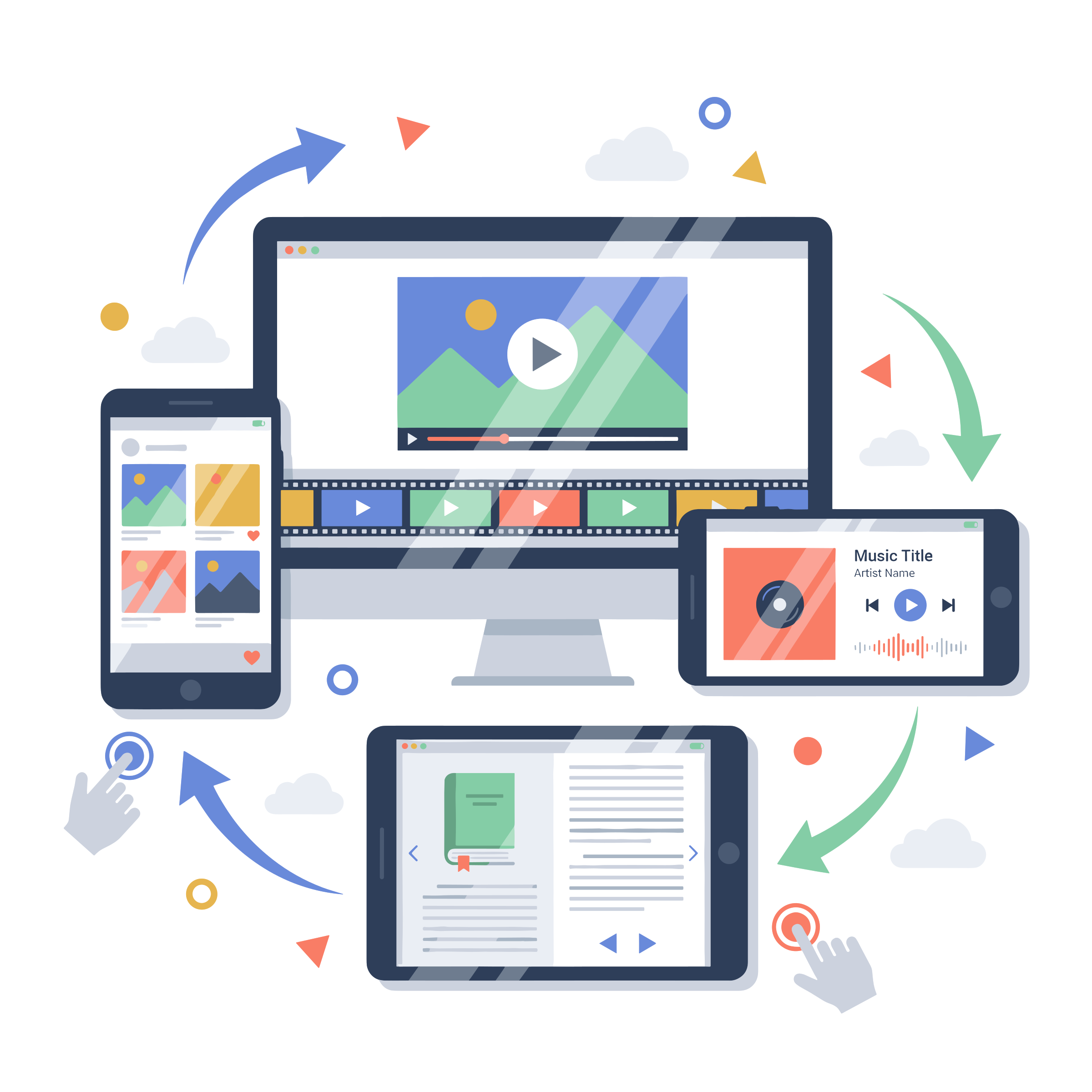 Illustration d'un homme interagissant avec un objet et une table tactile